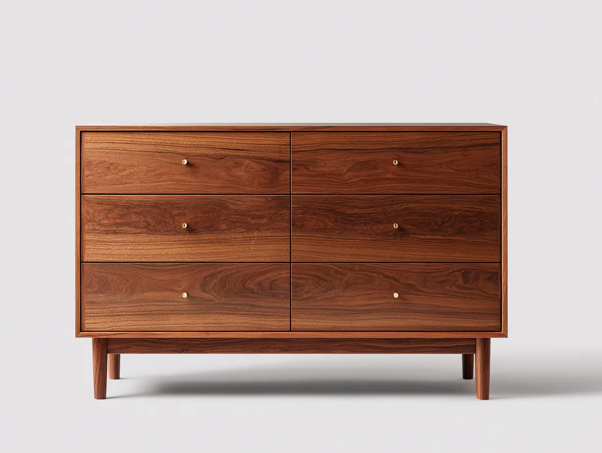 Commode en bois effet noyer 140x42x82 cm pour chambre - 6 tiroirs - design avec poignées dorées-Sonorihaus