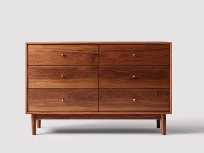 Commode en bois effet noyer 140x42x82 cm pour chambre - 6 tiroirs - design avec poignées dorées-Sonorihaus