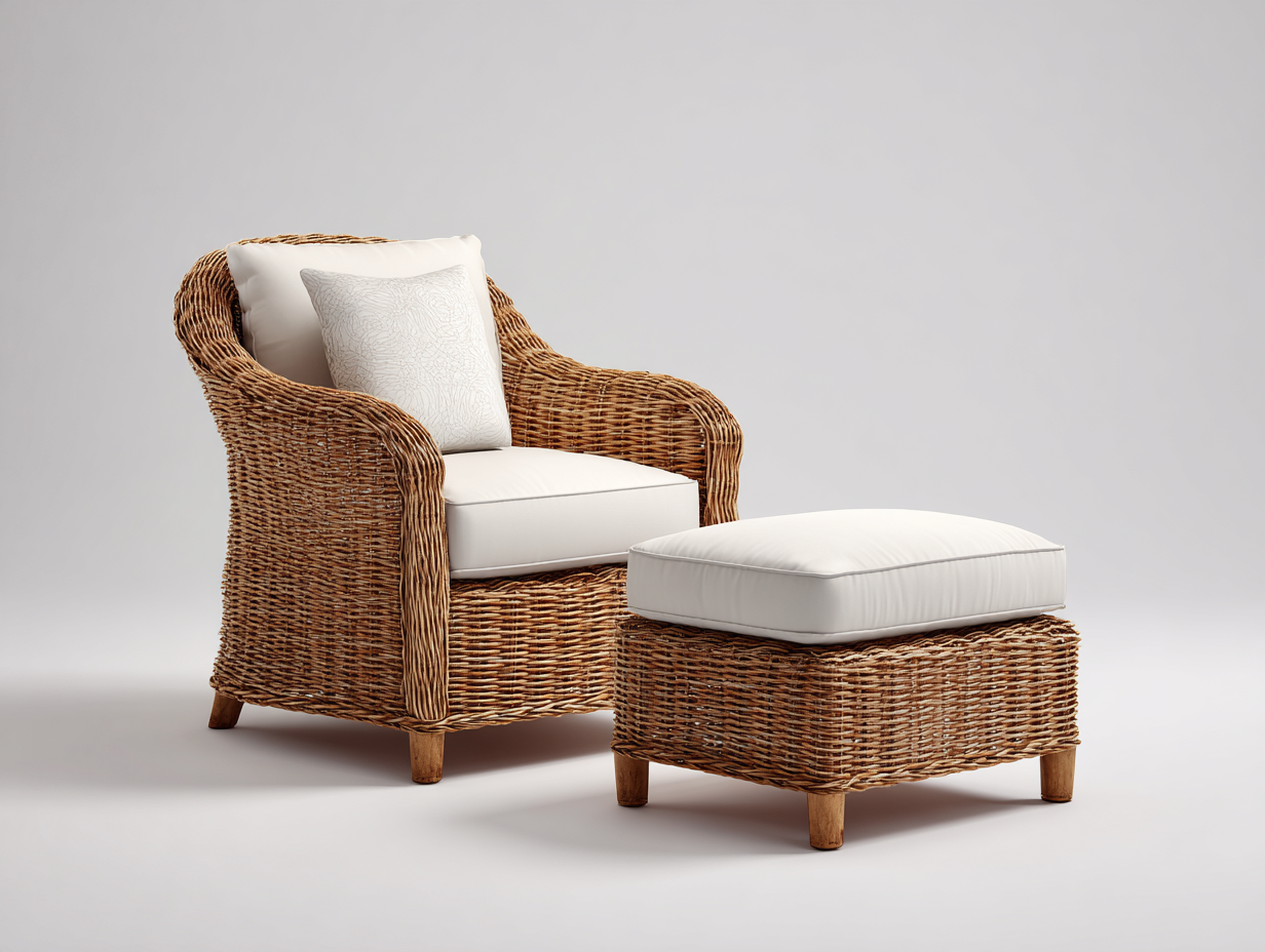 Fauteuil en rotin avec repose pieds coussin tissu 95x85x90 cm naturel-beige pour extérieur - design confortable détente-Sonorihaus
