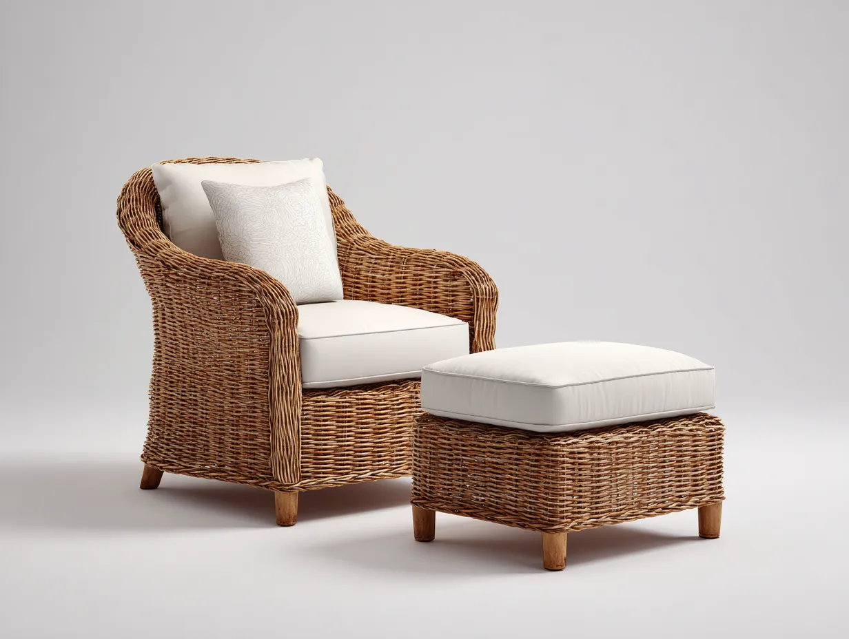 Fauteuil en rotin avec repose pieds coussin tissu 95x85x90 cm naturel-beige pour extérieur - design confortable détente-Sonorihaus