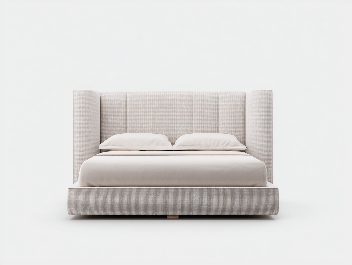 Lit double tapissé en tissu beige 210x175x118 cm pour chambre - tête de lit enveloppante - design moderne-Sonorihaus