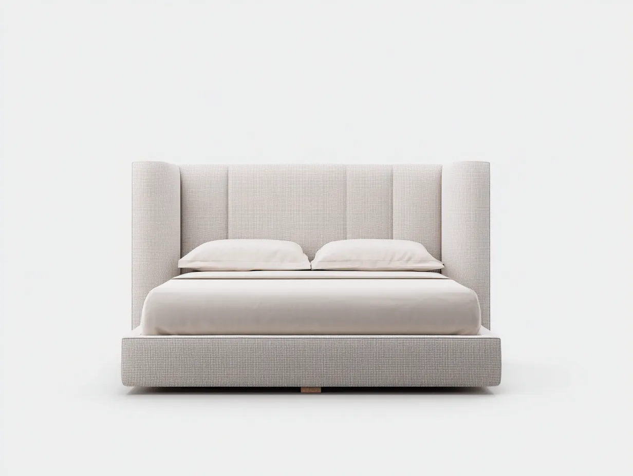 Lit double tapissé en tissu beige 210x175x118 cm pour chambre - tête de lit enveloppante - design moderne-Sonorihaus