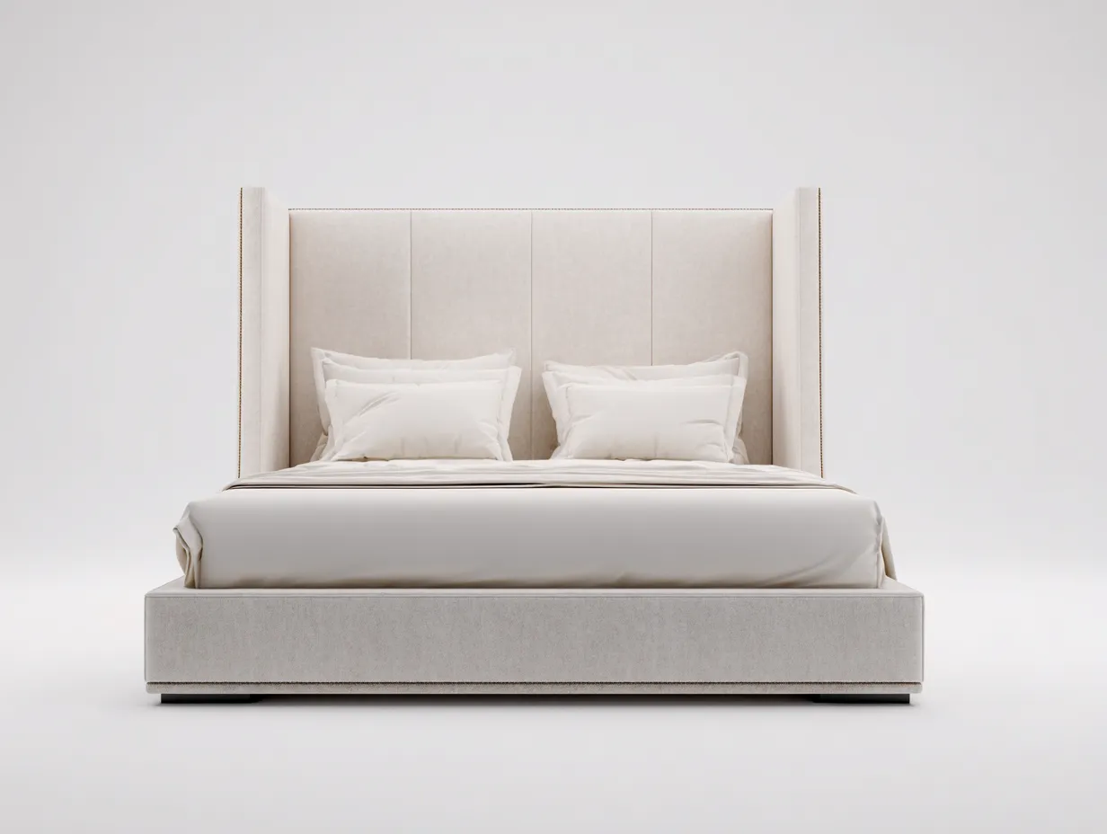 Lit double tapissé en tissu beige 220x180x130 cm pour chambre - tête de lit enveloppante - design contemporain-Sonorihaus