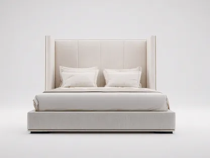 Lit double tapissé en tissu beige 220x180x130 cm pour chambre - tête de lit enveloppante - design contemporain-Sonorihaus