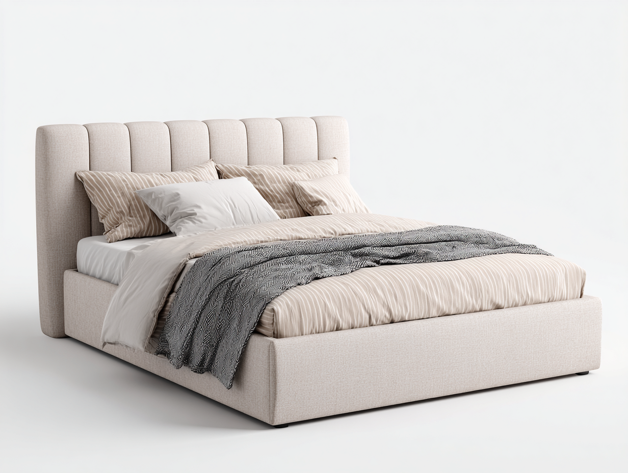 Lit double tapissé en tissu beige 210x170x115 cm pour chambre - tête de lit capitonnée - design moderne-Sonorihaus
