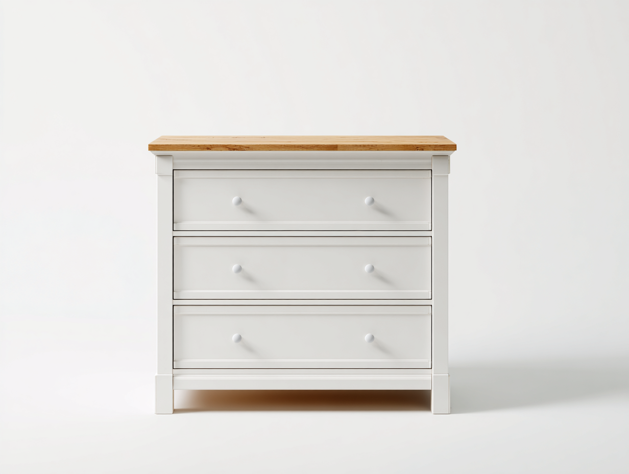 Commode blanche avec plateau effet bois 95x42x88 cm pour chambre - 3 tiroirs - design classique-Sonorihaus