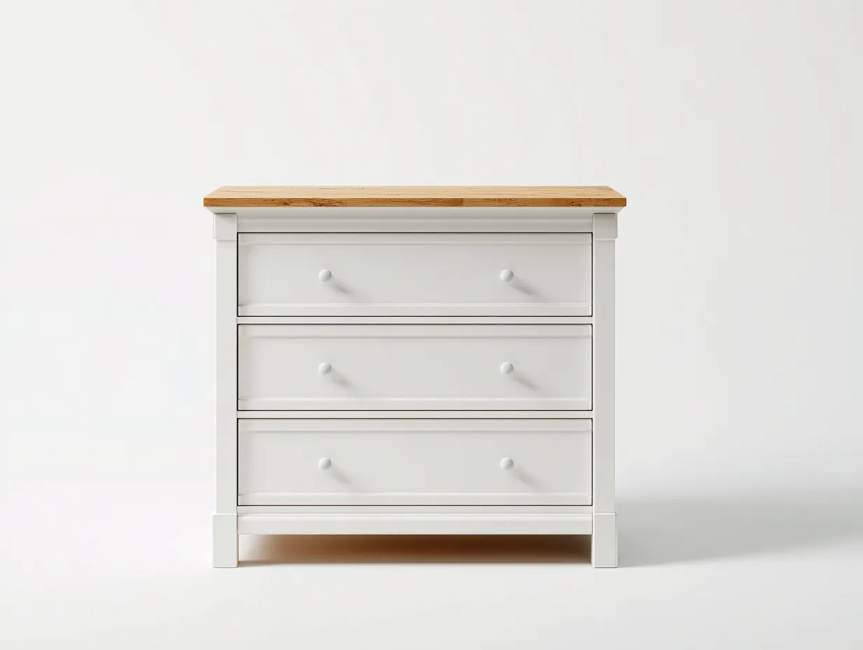 Commode blanche avec plateau effet bois 95x42x88 cm pour chambre - 3 tiroirs - design classique-Sonorihaus