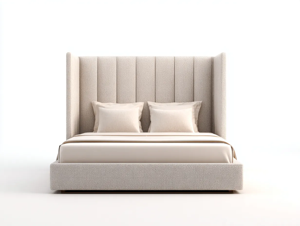 Lit double tapissé en tissu beige 210x175x122 cm pour chambre - tête de lit enveloppante - design contemporain-Sonorihaus