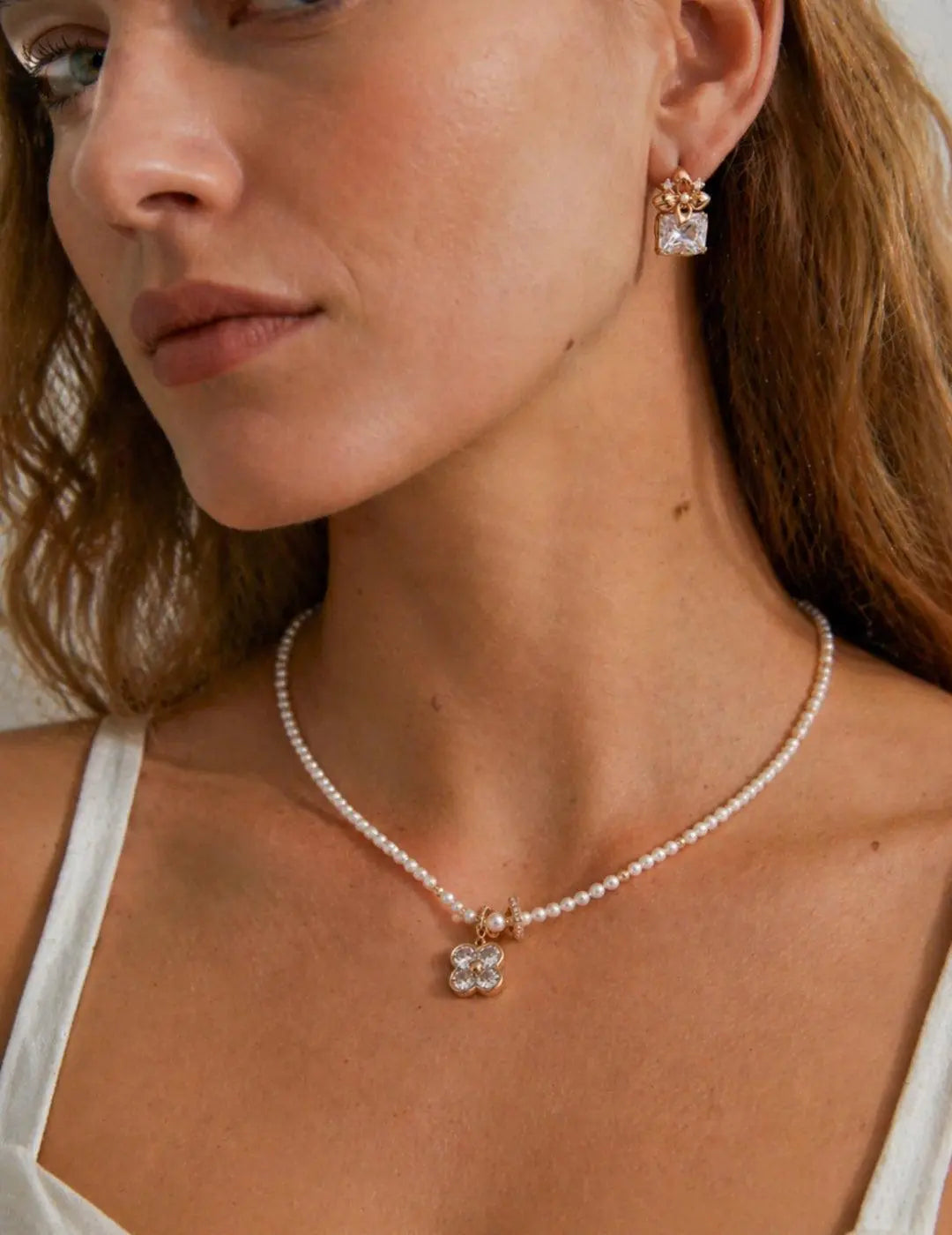 Gold Pearl Clover Necklace 925 Silver CZ Freshwater Pearls Irregular Beauty Pearl