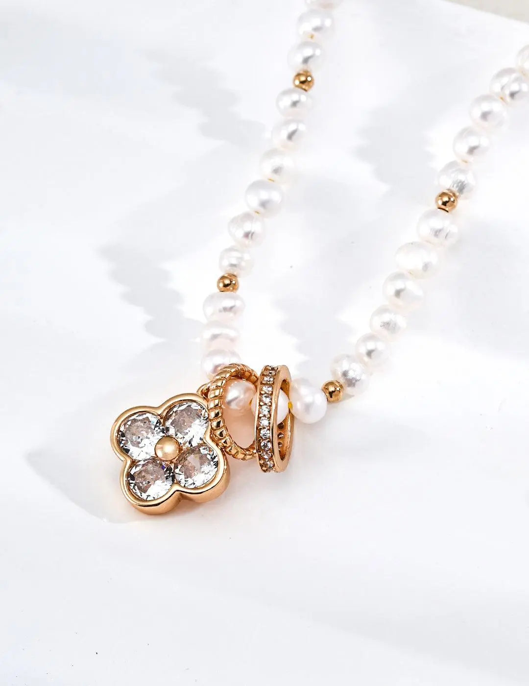 Gold Pearl Clover Necklace 925 Silver CZ Freshwater Pearls Irregular Beauty Pearl