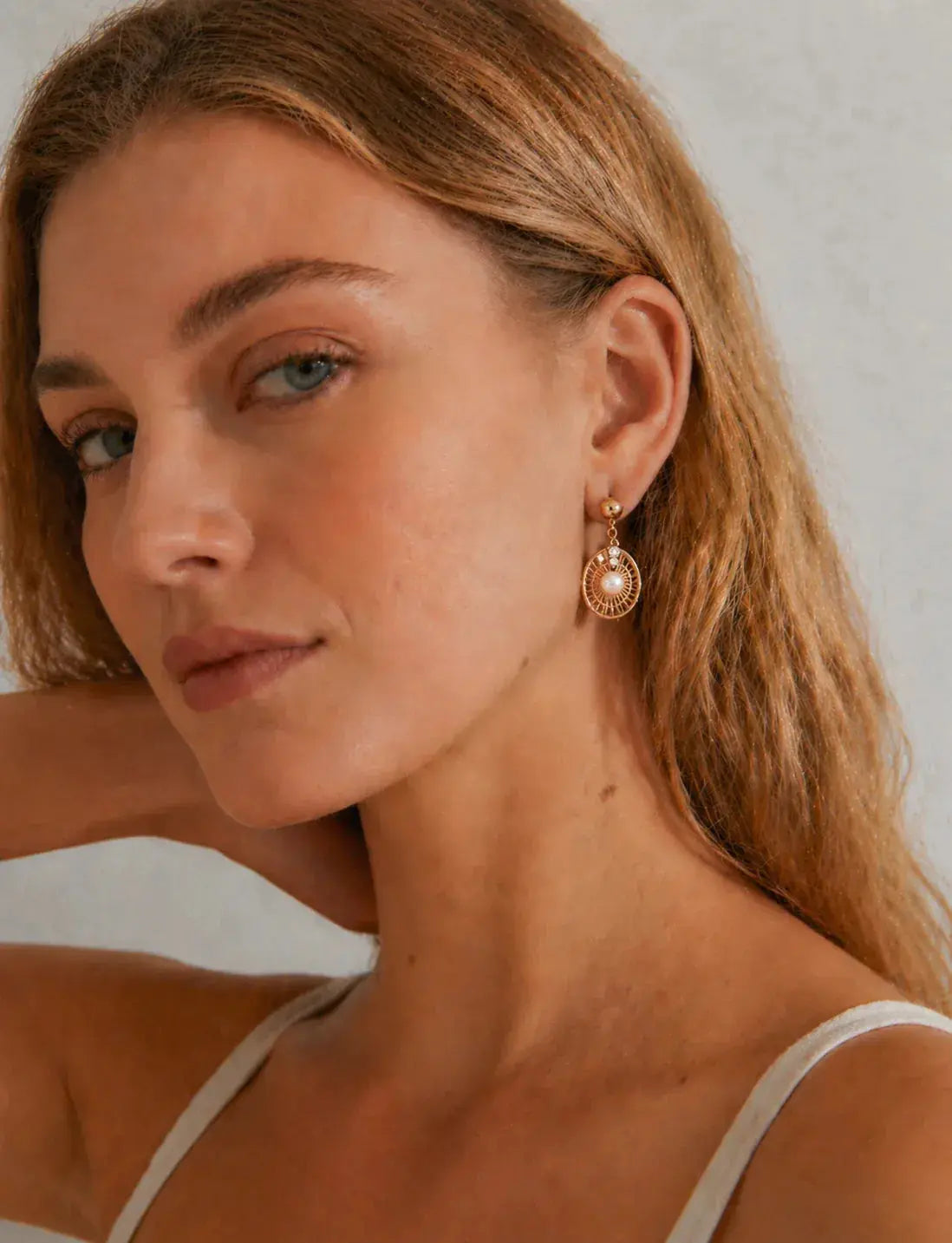 Gold Filigree Pearl Drop Earrings with CZ Compass Disc Studs Irregular Beauty Pearl