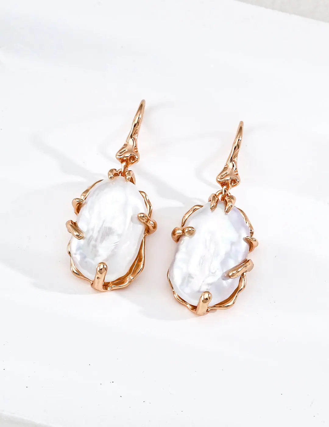 Rose Gold Baroque Pearl Drop Earrings 925 Silver Organic Claw Setting Irregular Beauty Pearl