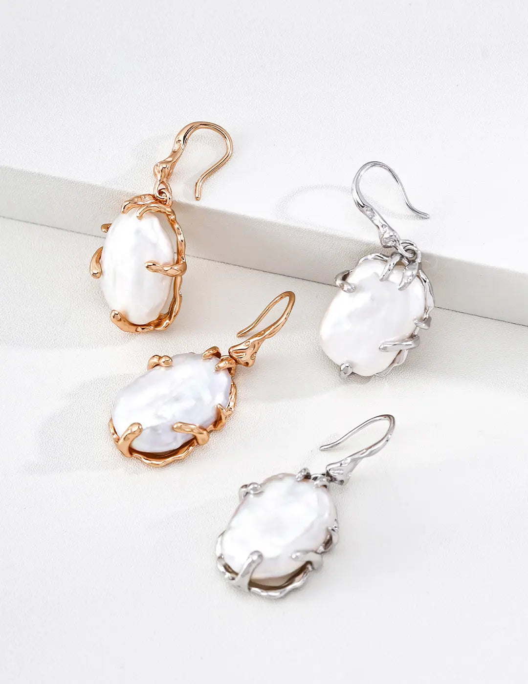 Rose Gold Baroque Pearl Drop Earrings 925 Silver Organic Claw Setting Irregular Beauty Pearl