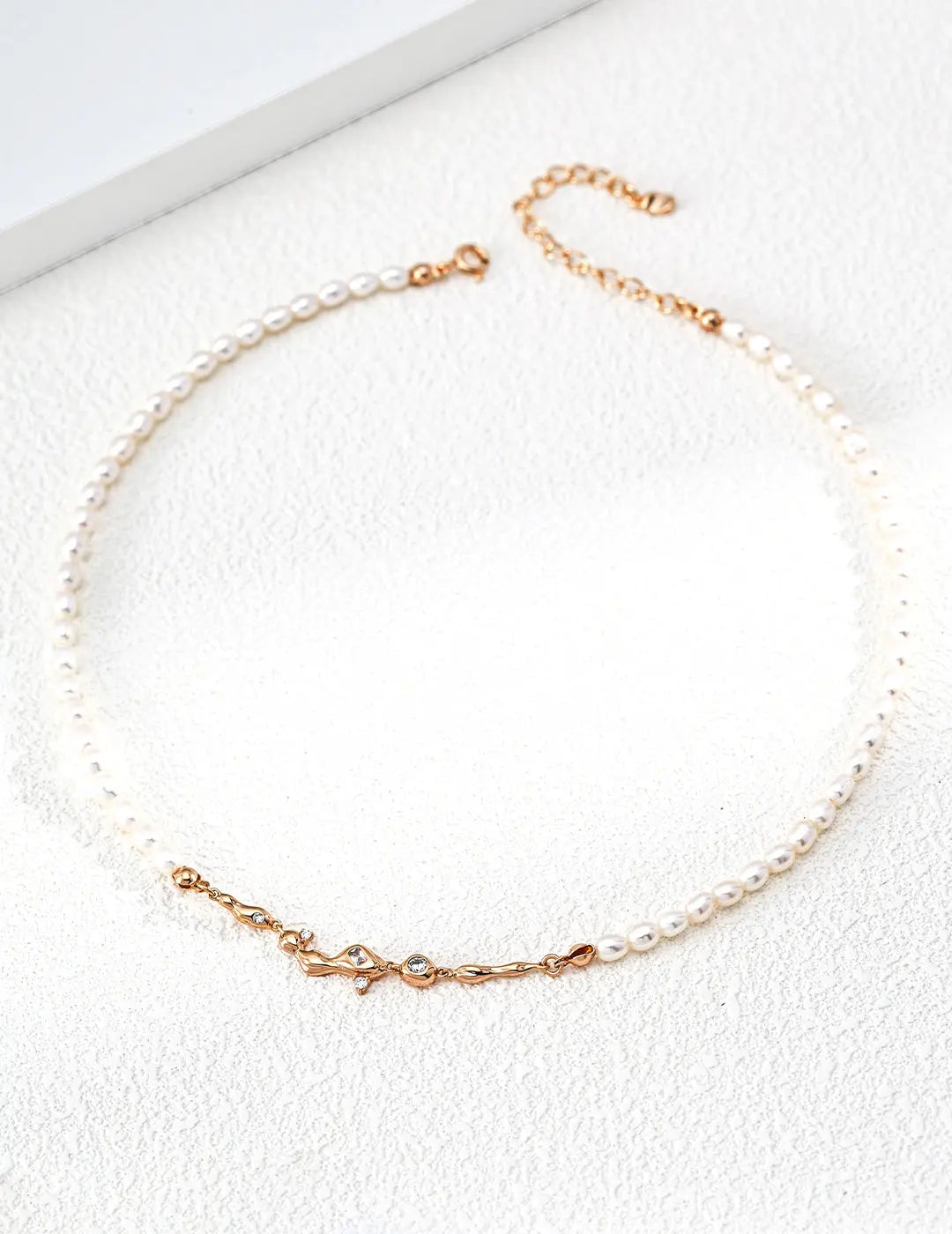 Dainty Freshwater Pearl & CZ Bar Necklace Gold Silver 38cm Adjustable Irregular Beauty Pearl
