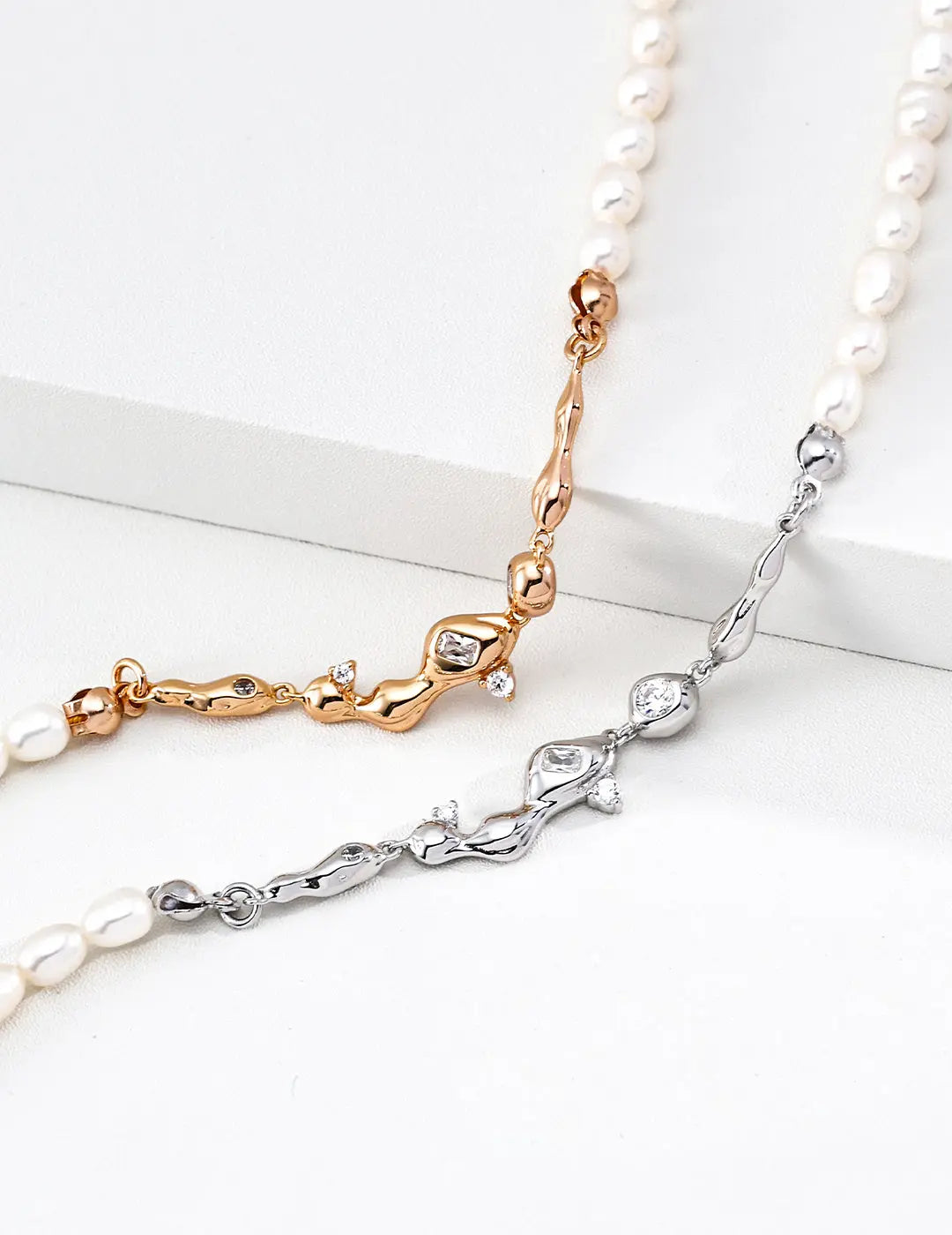 Dainty Freshwater Pearl & CZ Bar Necklace Gold Silver 38cm Adjustable Irregular Beauty Pearl
