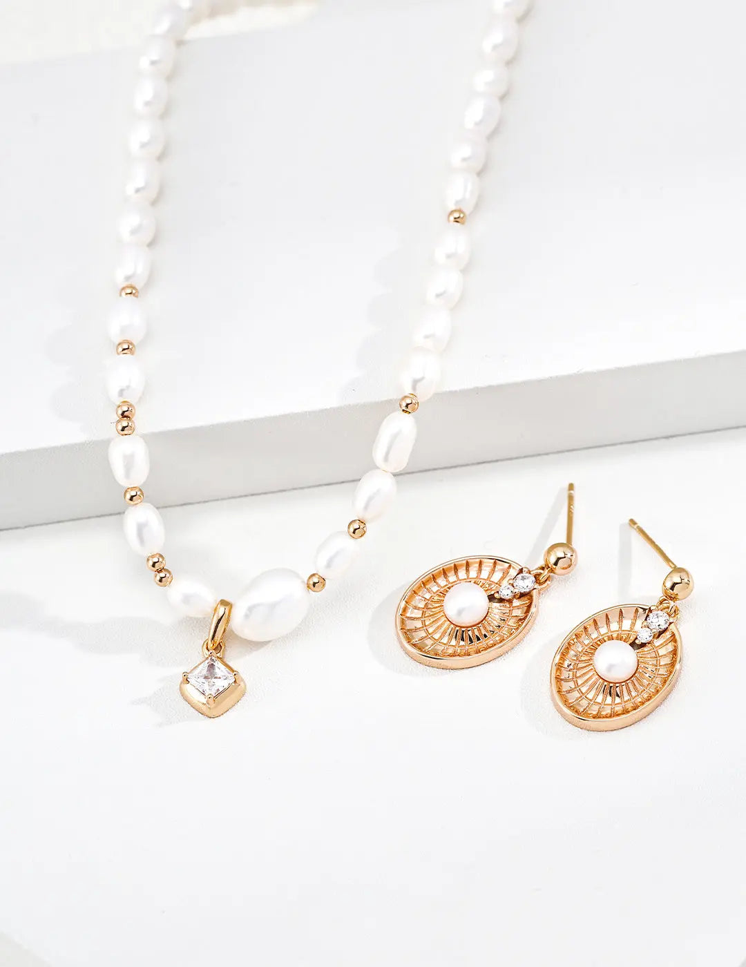 Gold Filigree Pearl Drop Earrings with CZ Compass Disc Studs Irregular Beauty Pearl