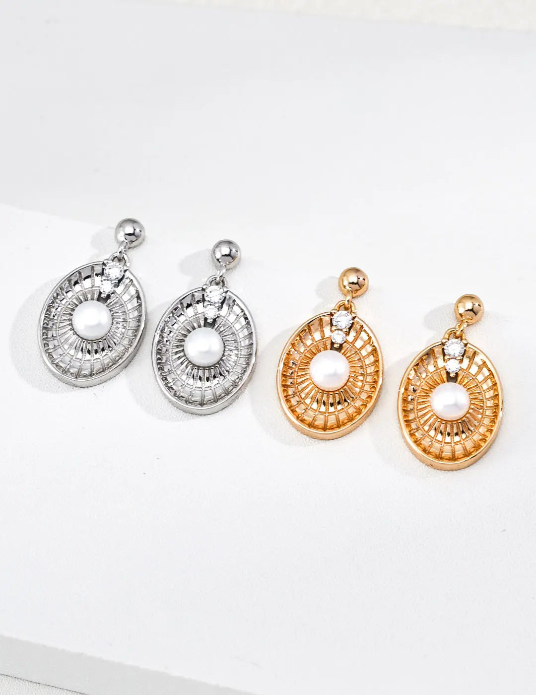 Gold Filigree Pearl Drop Earrings with CZ Compass Disc Studs Irregular Beauty Pearl