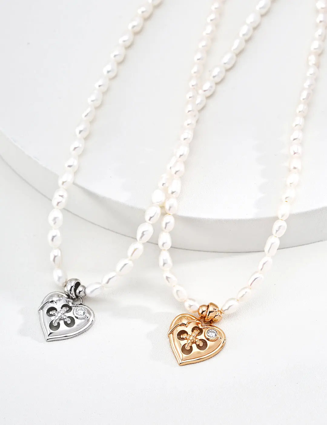 Freshwater Pearl Necklace Gold Fleur Heart CZ Pendant 925 Silver 38cm Irregular Beauty Pearl