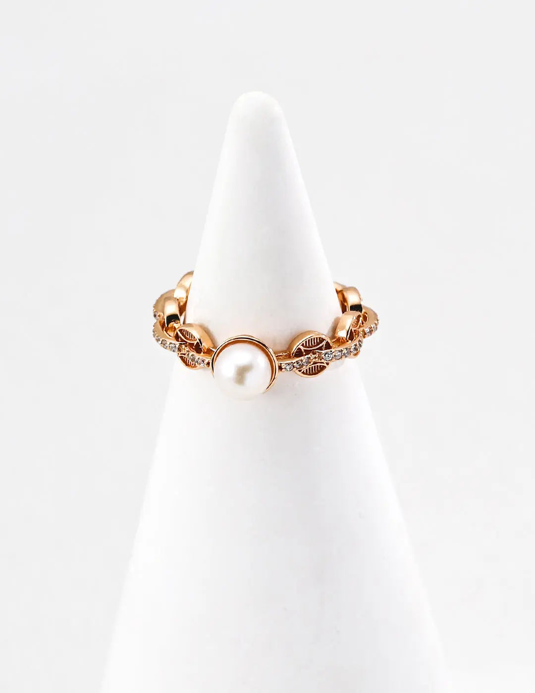 Rose Gold Freshwater Pearl & CZ Crystal 925 Silver Open Ring 16 Irregular Beauty Pearl