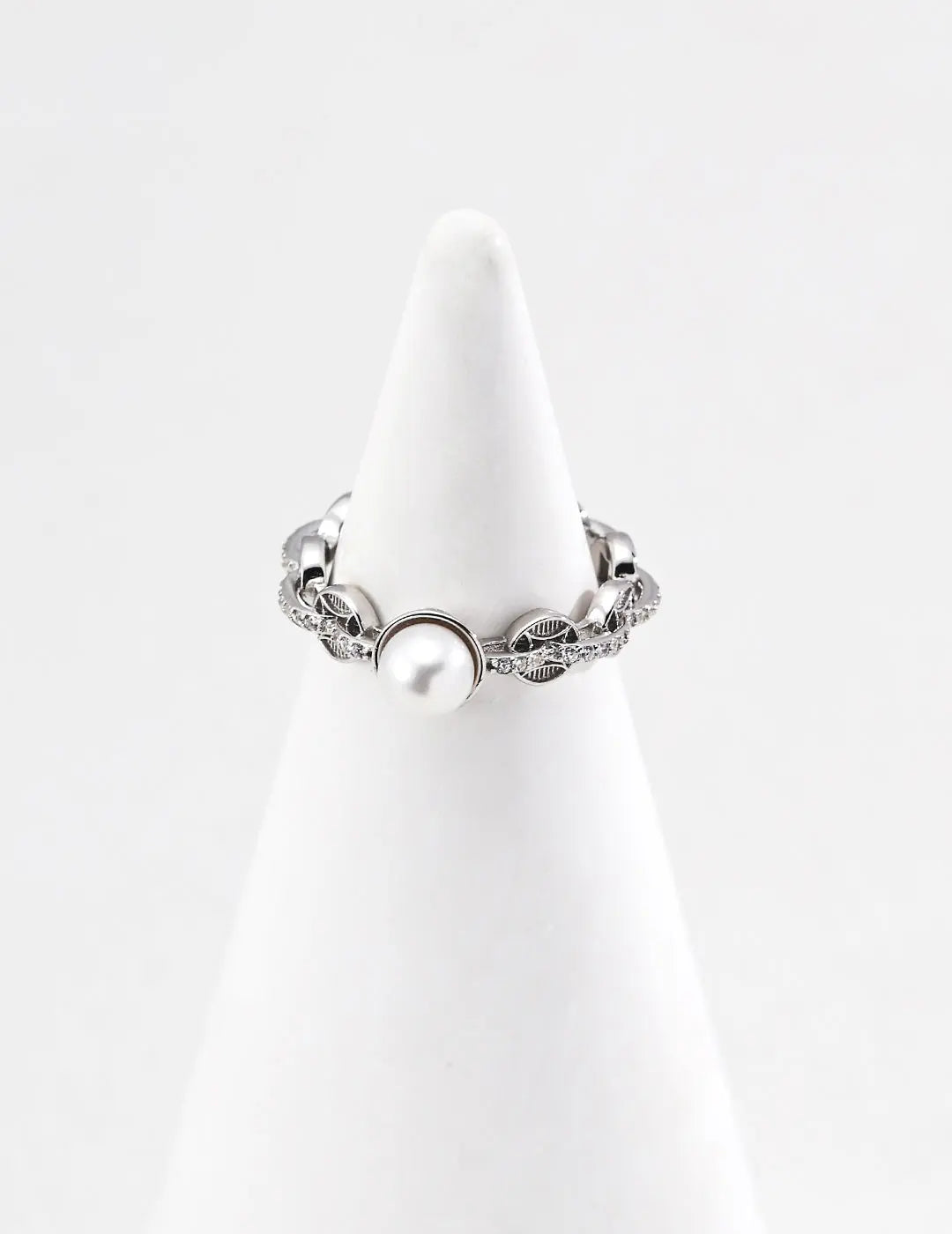 Rose Gold Freshwater Pearl & CZ Crystal 925 Silver Open Ring 16 Irregular Beauty Pearl