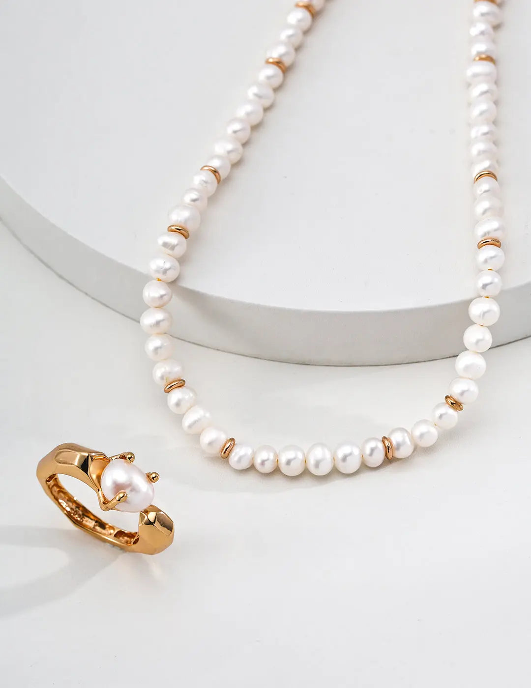Freshwater Pearl Gold Ring Bead Necklace 925 Silver Choker 38cm Irregular Beauty Pearl