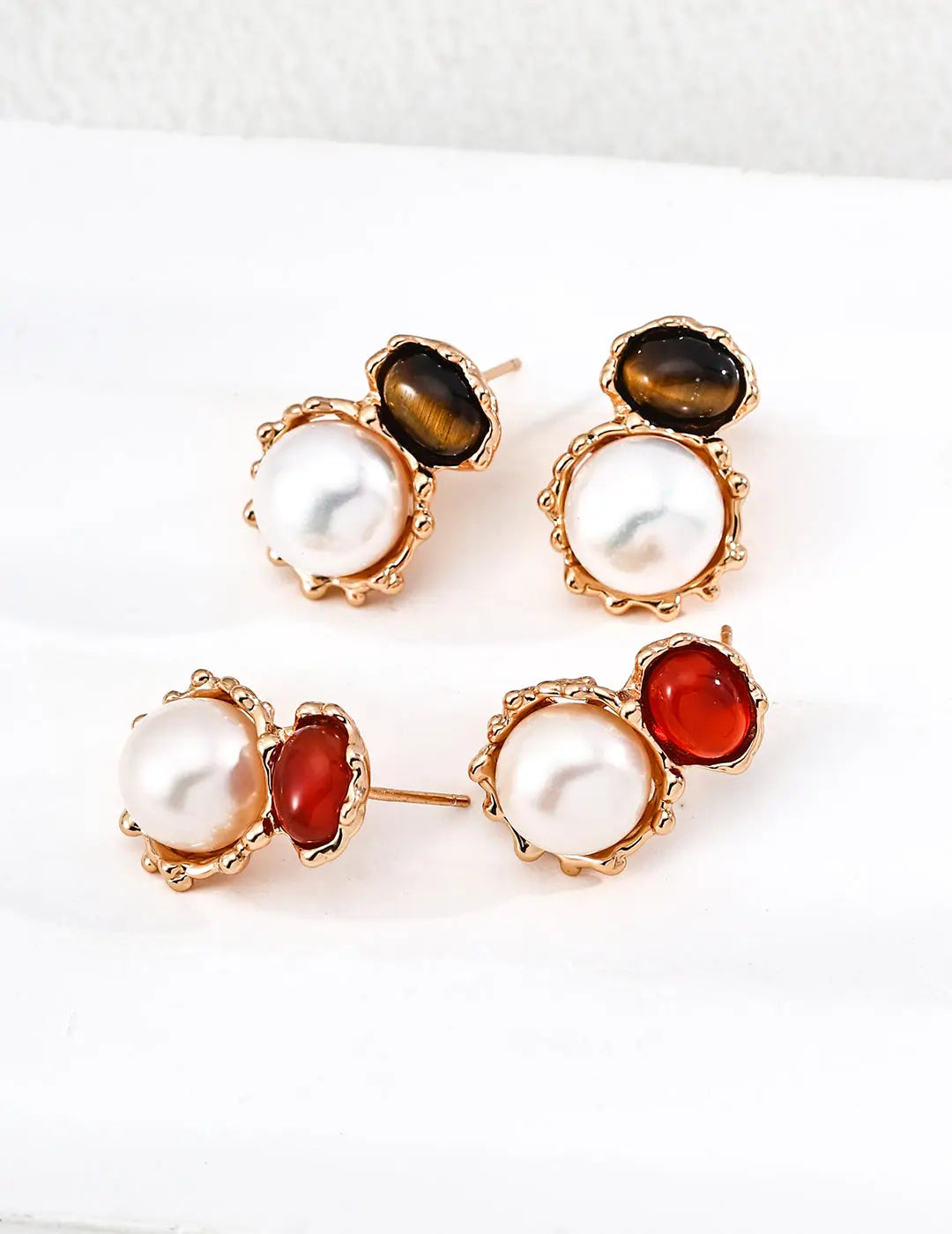 Freshwater Pearl Tiger Eye Stone Stud Earrings 925 Silver Vintage Gold 20mm Irregular Beauty Pearl