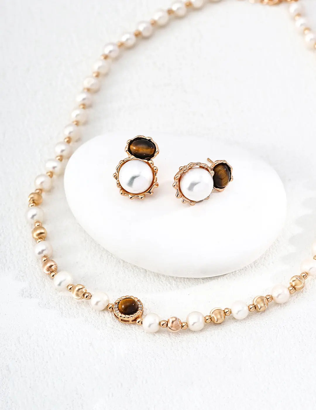 Freshwater Pearl Tiger Eye Stone Stud Earrings 925 Silver Vintage Gold 20mm Irregular Beauty Pearl