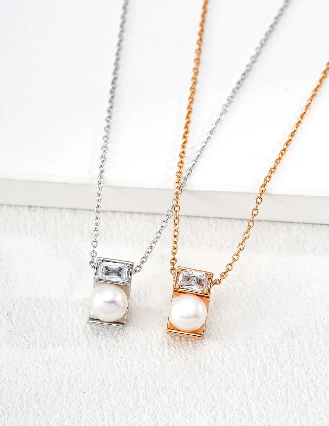 Freshwater Pearl CZ Square Cube Pendant 925 Silver Necklace Vintage Gold 40cm Irregular Beauty Pearl