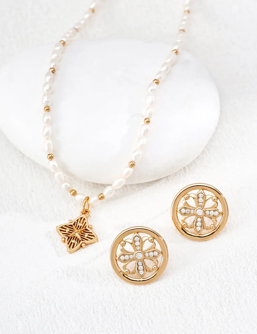 Freshwater Pearl Filigree Star Flower Charm Necklace 925 Silver Gold 38cm Irregular Beauty Pearl