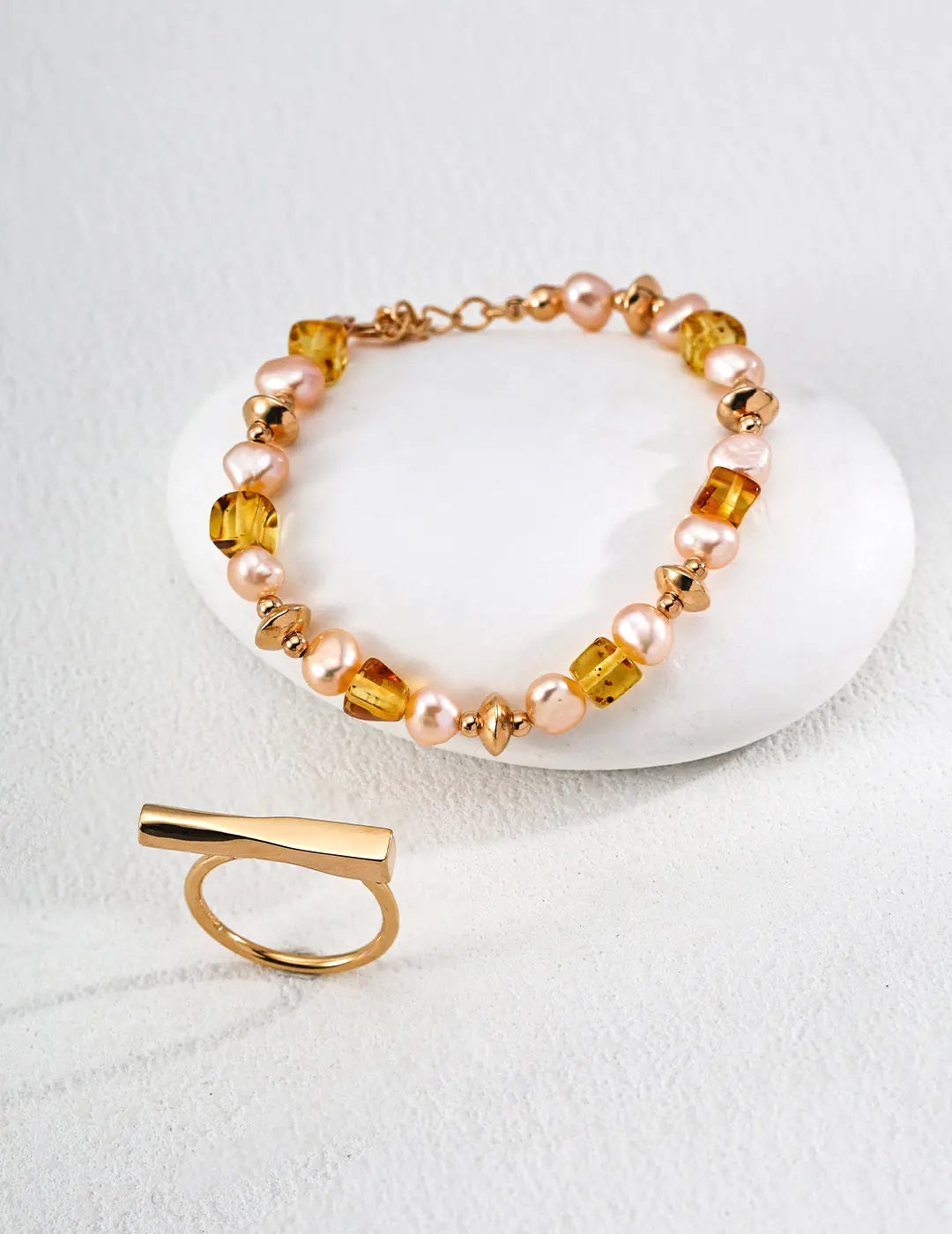 Freshwater Pearl & Natural Amber 925 Silver Beaded Bracelet Vintage Gold 16cm Irregular Beauty Pearl
