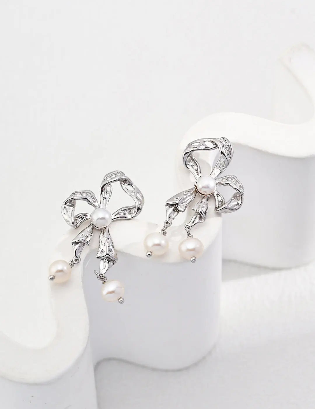 Freshwater Pearl CZ Bow Drop Earrings 925 Silver Gold Ribbon 4cm Irregular Beauty Pearl