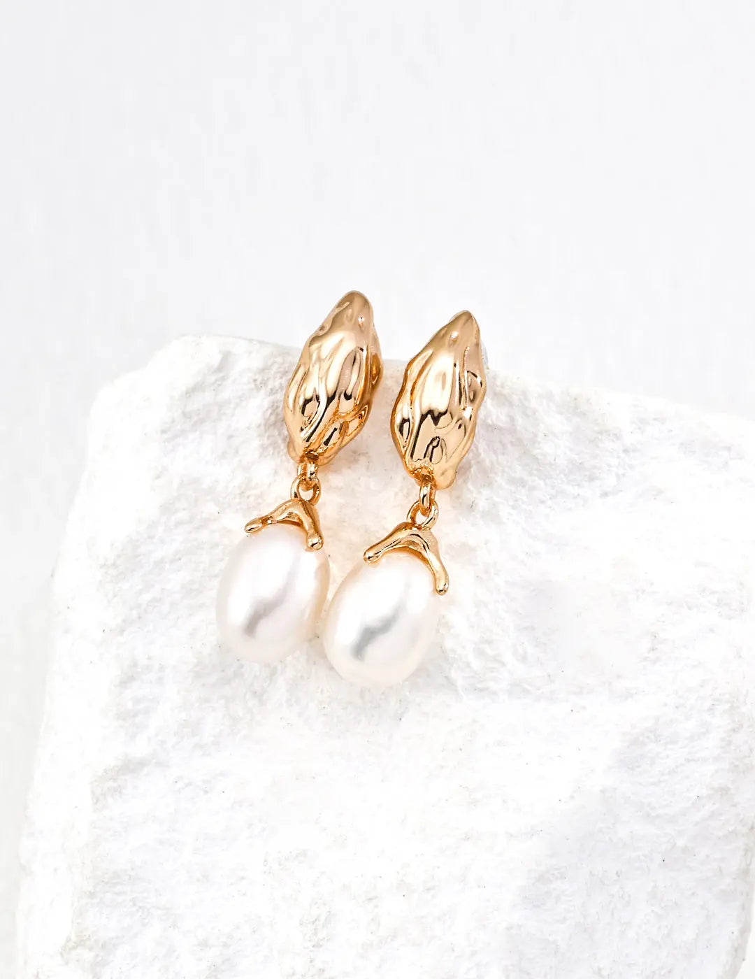 Freshwater Pearl Molten Gold Drop Earrings 925 Silver Sculptural Irregular Beauty Pearl