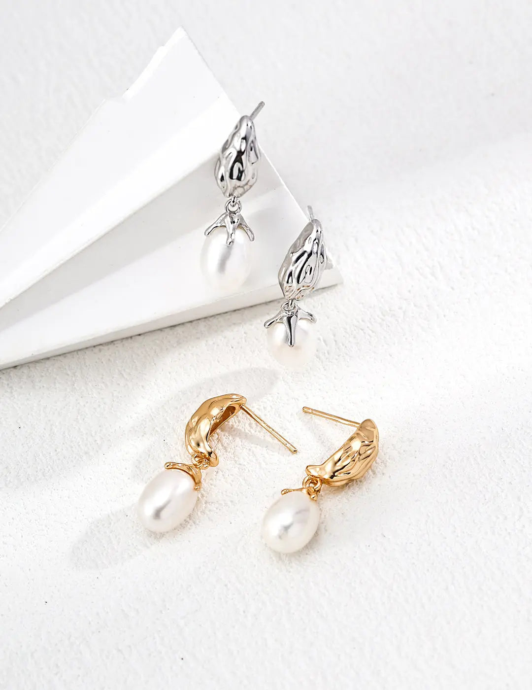 Freshwater Pearl Molten Gold Drop Earrings 925 Silver Sculptural Irregular Beauty Pearl