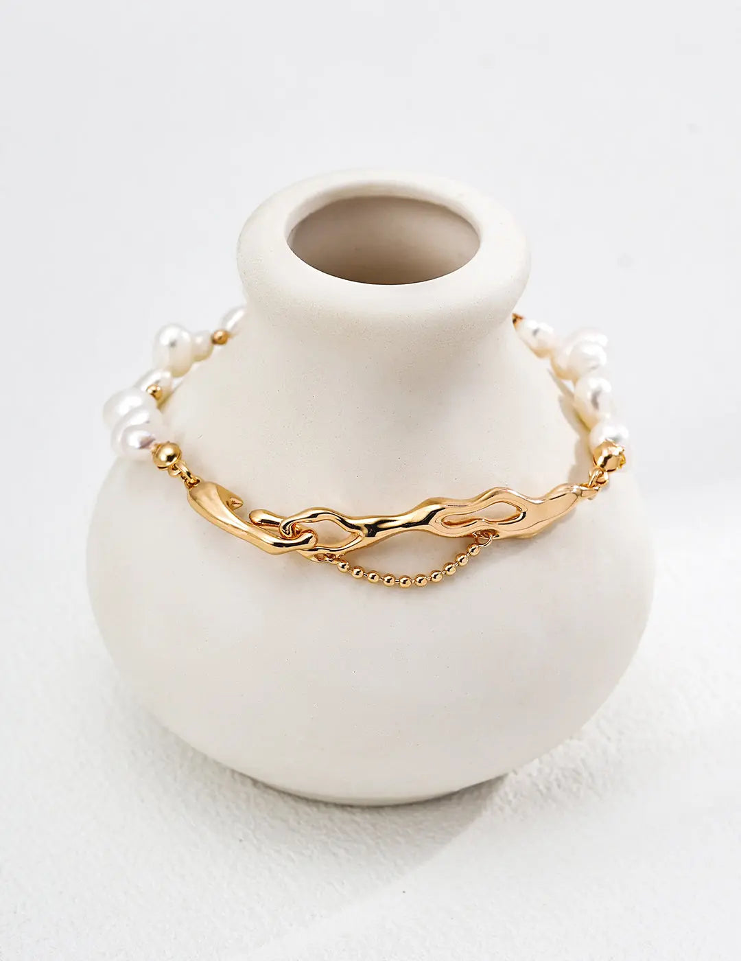 Freshwater Pearl Gold Molten Lava Double Layer 925 Silver Bracelet 16cm Irregular Beauty Pearl