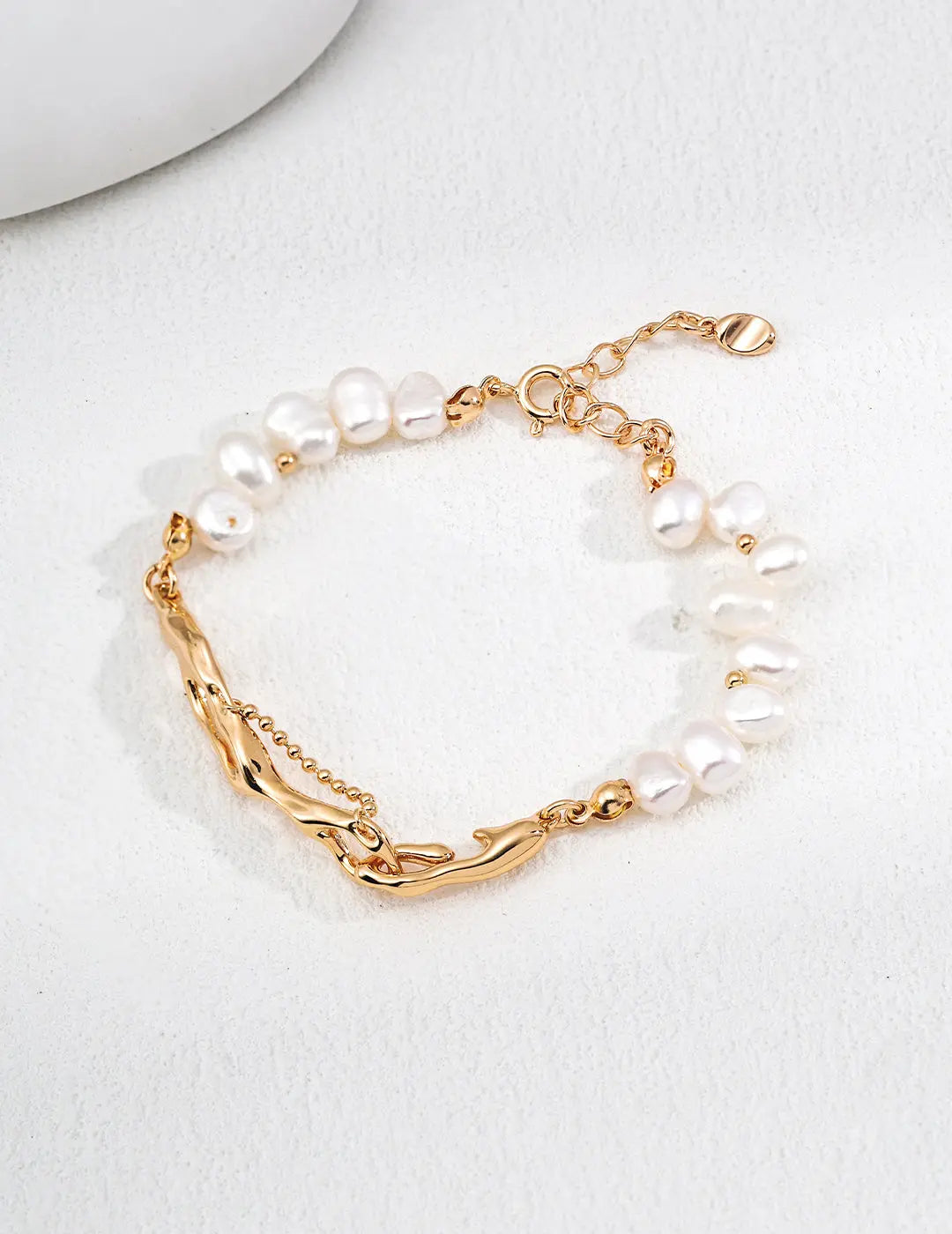 Freshwater Pearl Gold Molten Lava Double Layer 925 Silver Bracelet 16cm Irregular Beauty Pearl