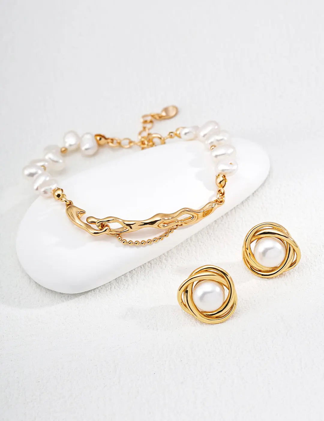 Freshwater Pearl Gold Molten Lava Double Layer 925 Silver Bracelet 16cm Irregular Beauty Pearl