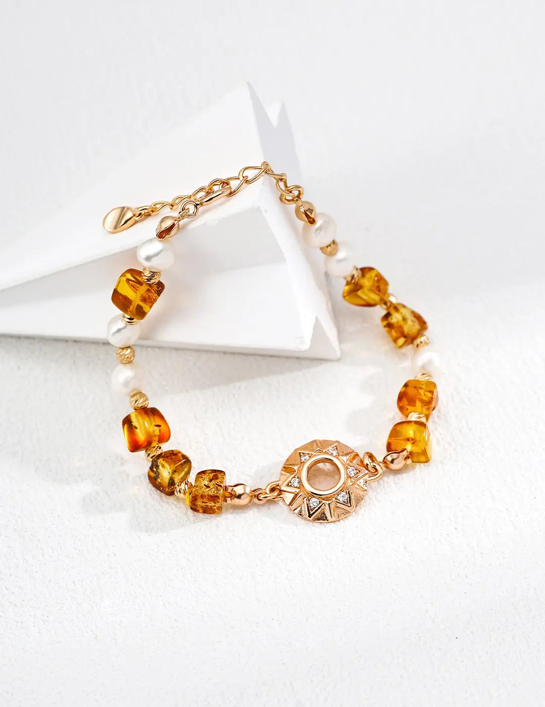 Freshwater Pearl Amber Sun Medallion Bead Bracelet 925 Silver Gold CZ Irregular Beauty Pearl