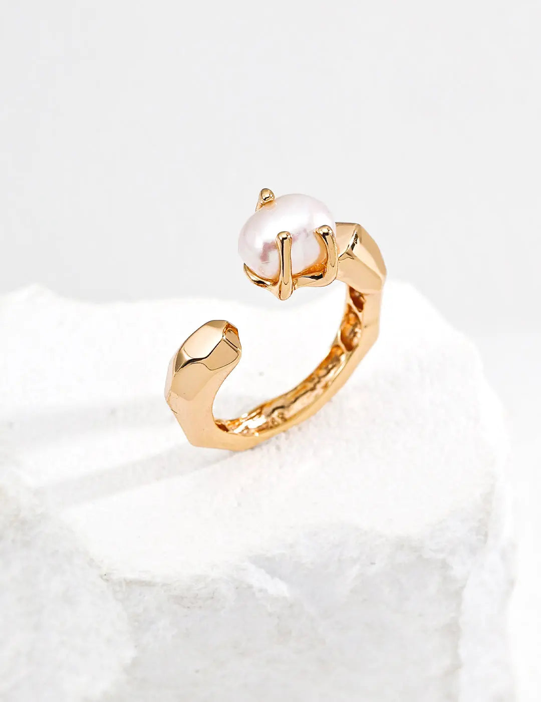Freshwater Pearl Claw Set Open Band Ring 925 Silver Sculptural Gold Irregular Beauty Pearl