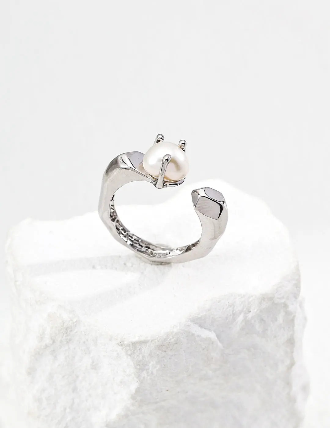 Freshwater Pearl Claw Set Open Band Ring 925 Silver Sculptural Gold Irregular Beauty Pearl