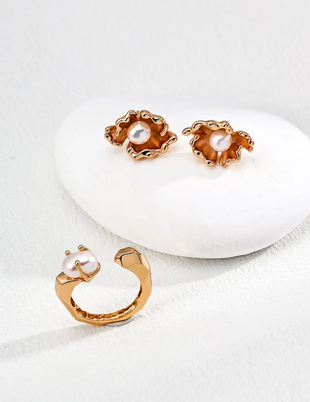 Freshwater Pearl Claw Set Open Band Ring 925 Silver Sculptural Gold Irregular Beauty Pearl
