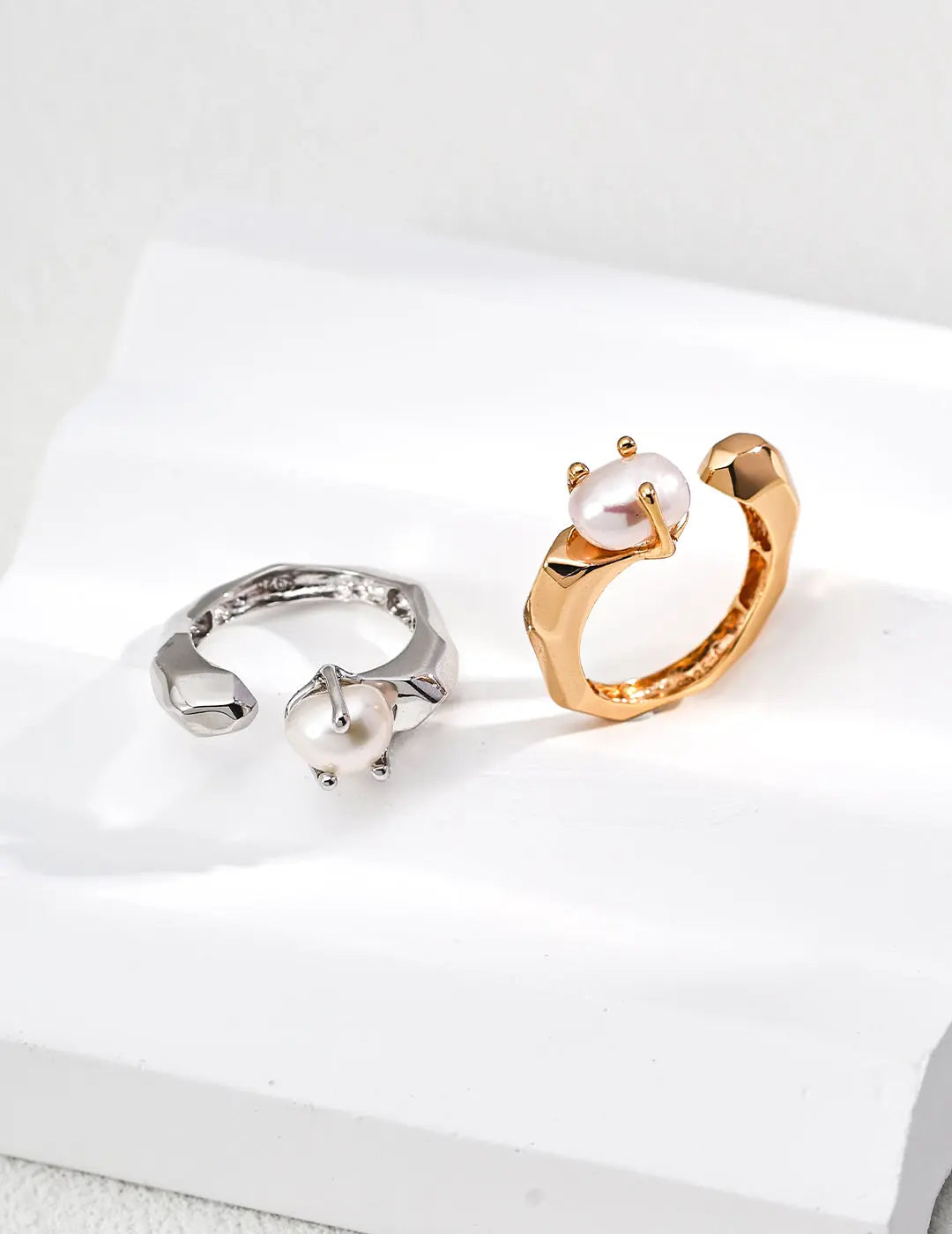 Freshwater Pearl Claw Set Open Band Ring 925 Silver Sculptural Gold Irregular Beauty Pearl