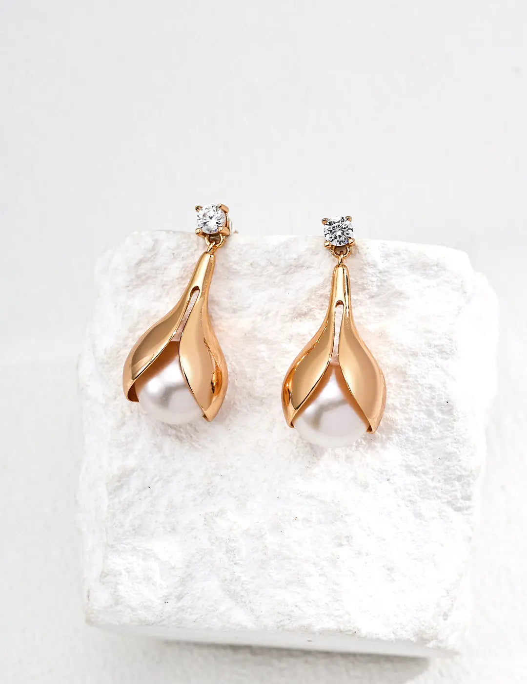 Freshwater Pearl Calla Lily CZ Drop Earrings 925 Silver Gold 3cm Irregular Beauty Pearl