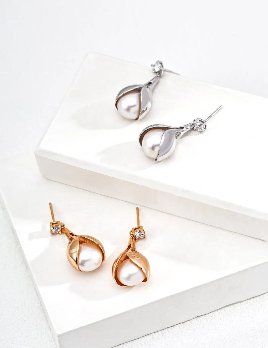Freshwater Pearl Calla Lily CZ Drop Earrings 925 Silver Gold 3cm Irregular Beauty Pearl