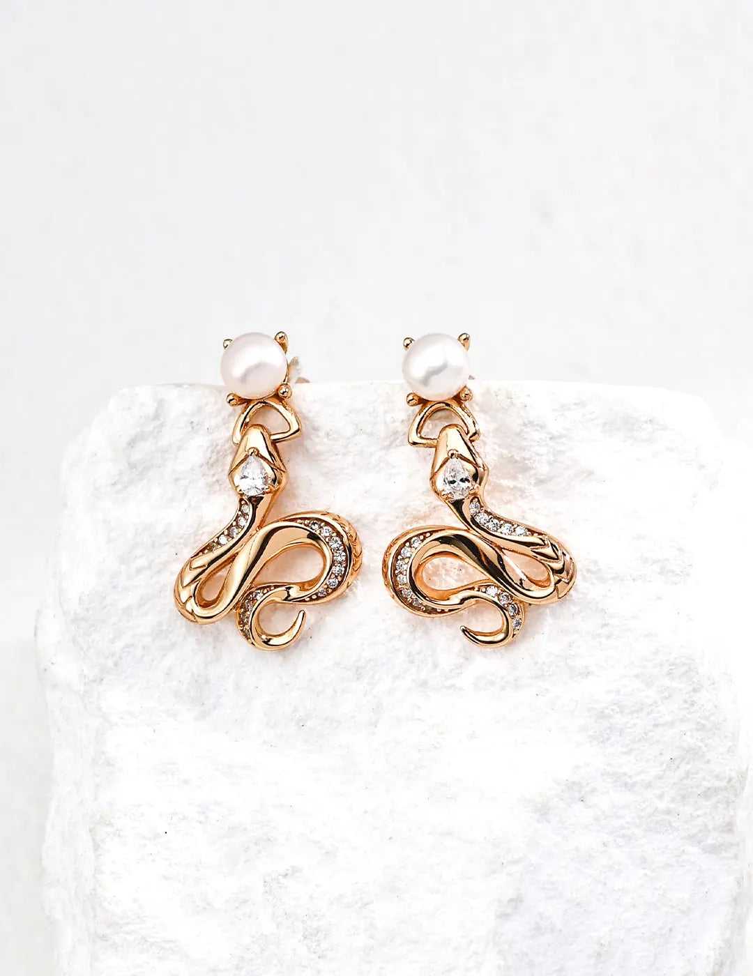 Freshwater Pearl Snake Drop Earrings 925 Silver Vintage Gold CZ Irregular Beauty Pearl