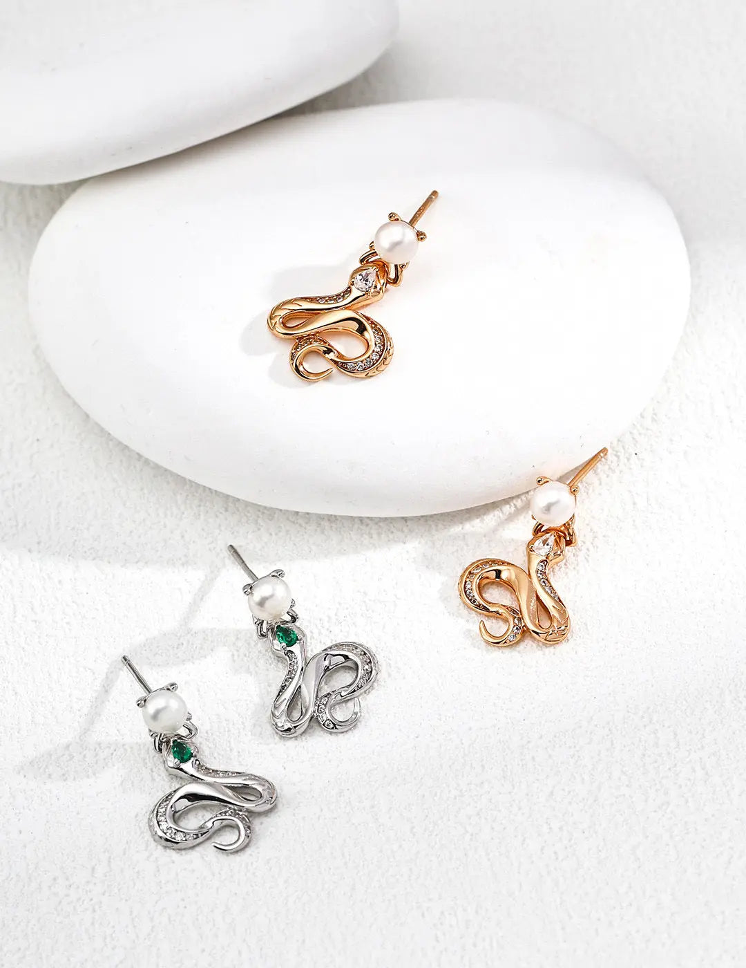 Freshwater Pearl Snake Drop Earrings 925 Silver Vintage Gold CZ Irregular Beauty Pearl
