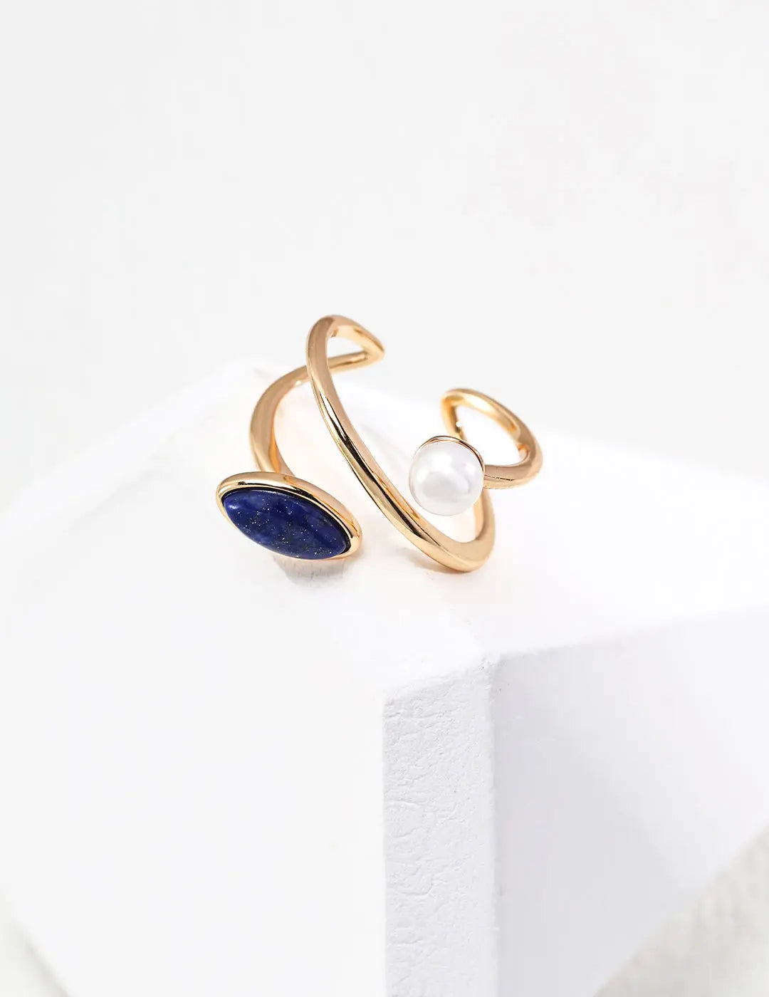 Freshwater Pearl Lapis Lazuli Open Ring 925 Silver Vintage Gold Adjustable Irregular Beauty Pearl