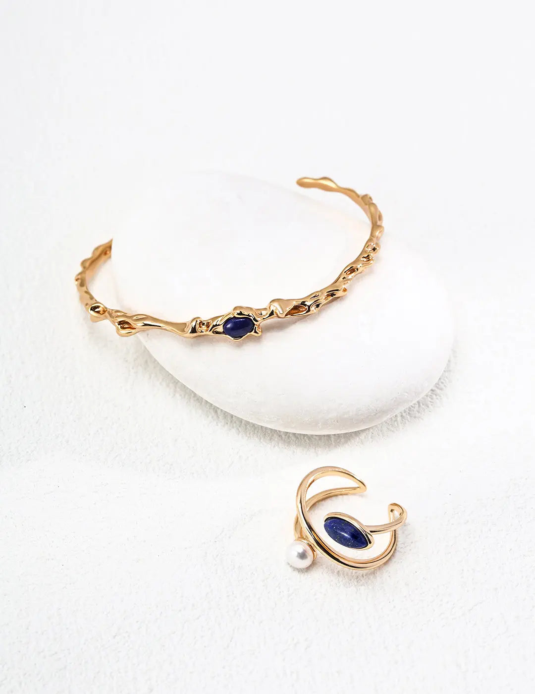 Freshwater Pearl Lapis Lazuli Open Ring 925 Silver Vintage Gold Adjustable Irregular Beauty Pearl