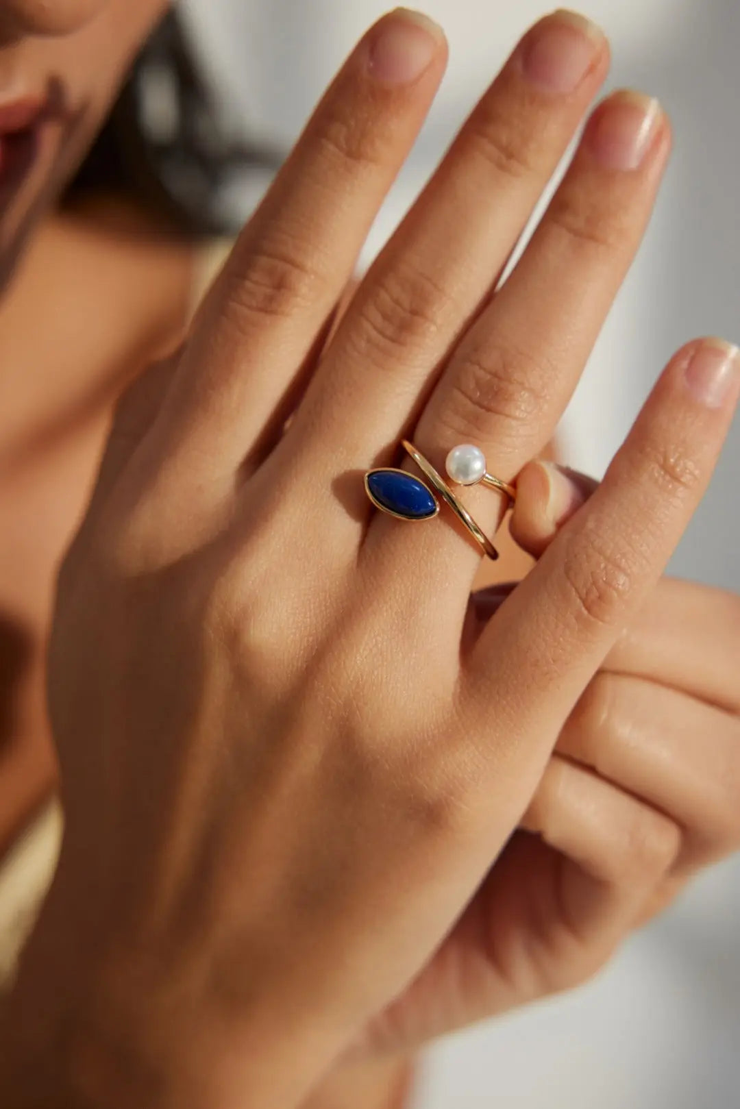Freshwater Pearl Lapis Lazuli Open Ring 925 Silver Vintage Gold Adjustable Irregular Beauty Pearl