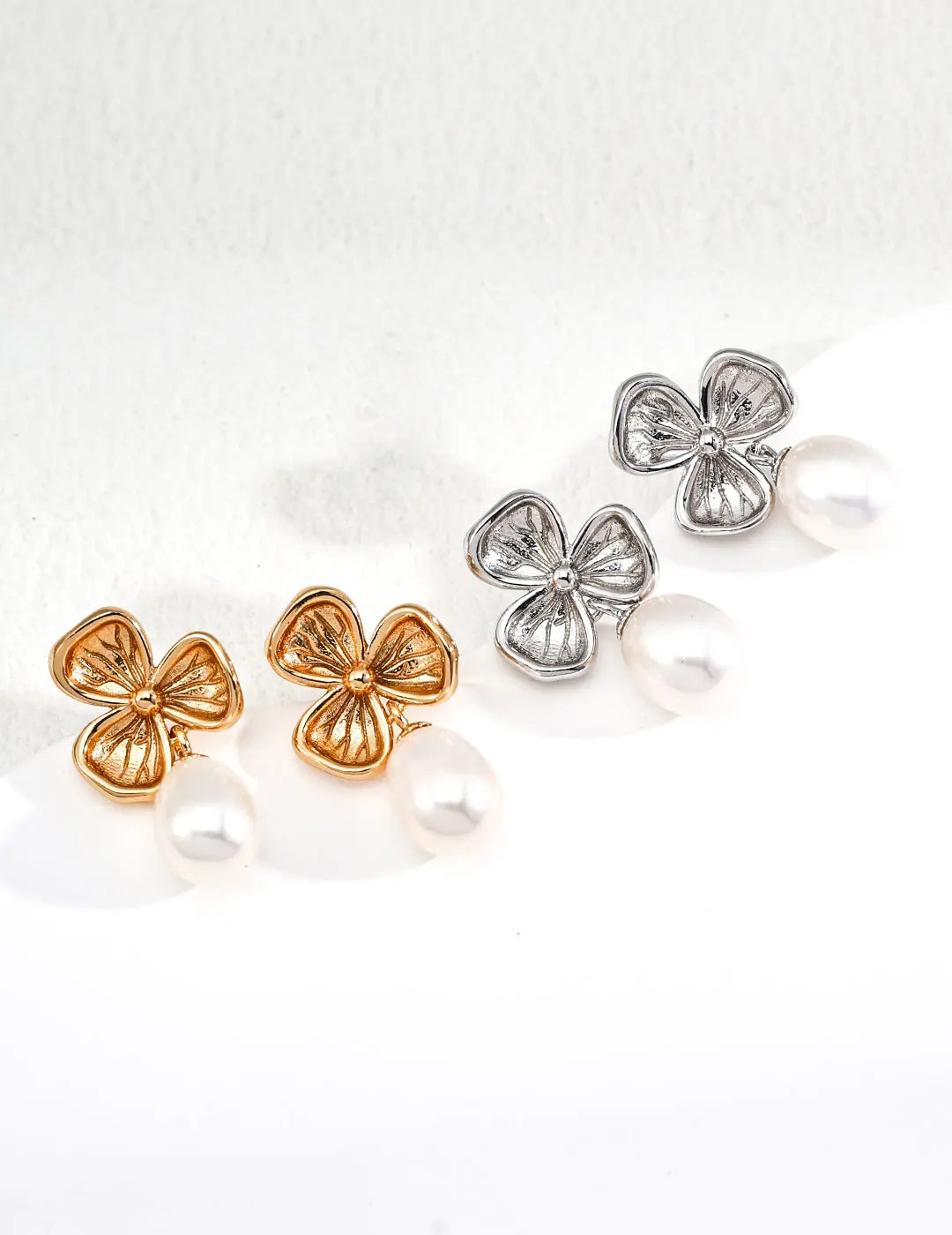 S925 Silver Clover Flower Natural Pearl Drop Earrings Vintage Gold Irregular Beauty Pearl