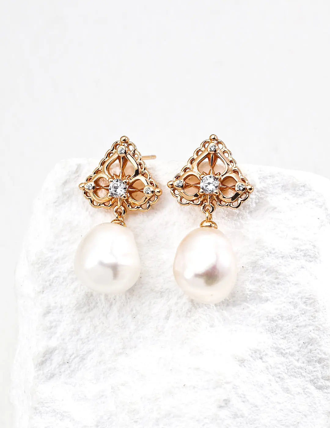 S925 Silver Filigree CZ Natural Pearl Drop Earrings Vintage Gold Irregular Beauty Pearl